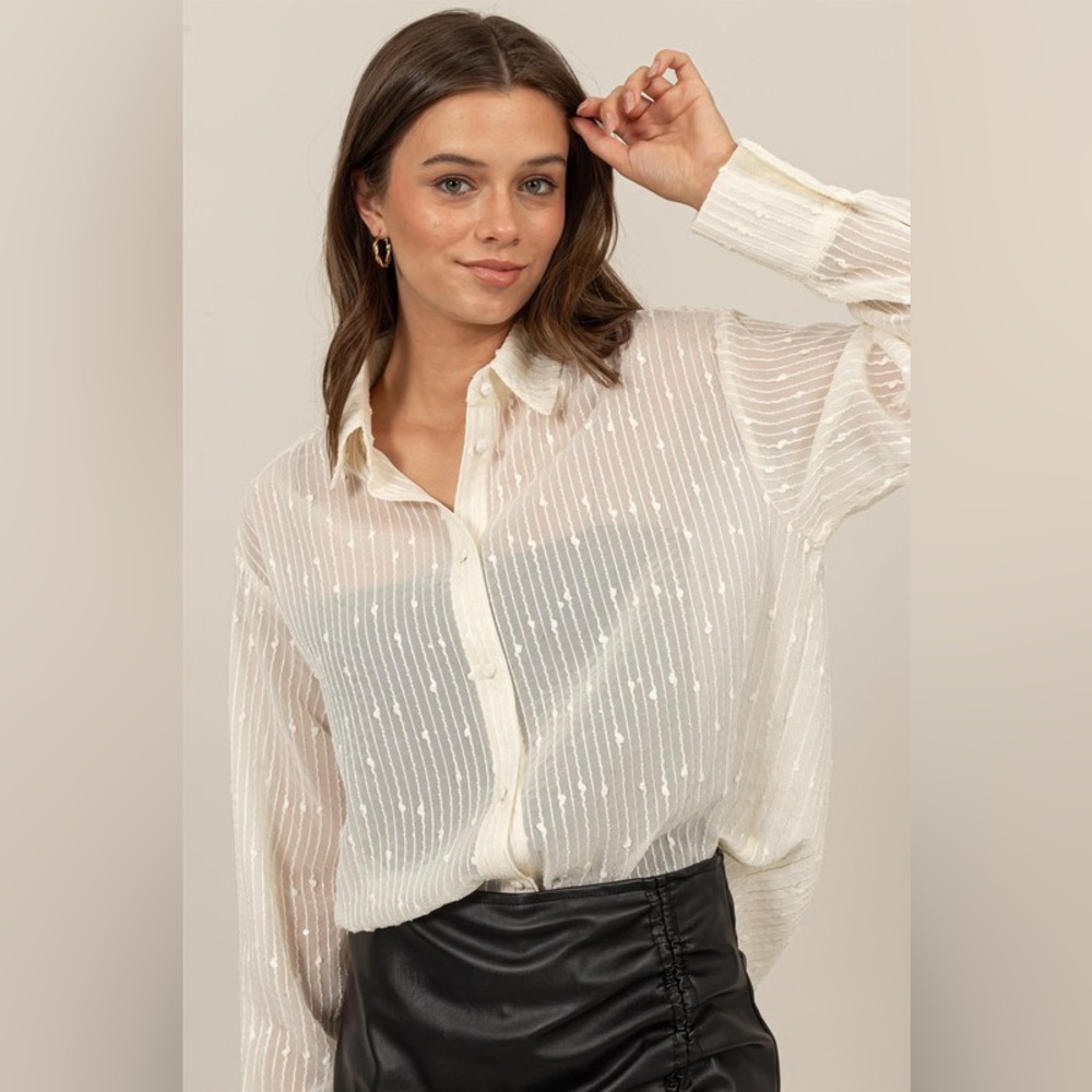 28B. Sheer Sequin Striped Button Front Blouse - Cream